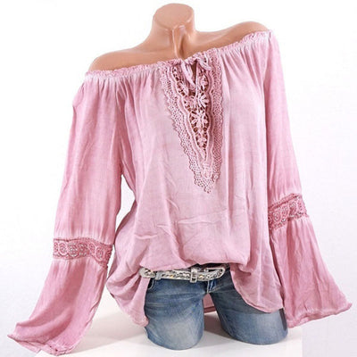 Blusa Asimétrica de Algodón y Lino con Encaje de Manga Larga - Image 5