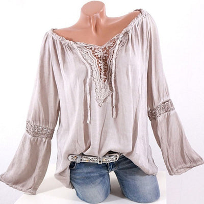 Blusa Asimétrica de Algodón y Lino con Encaje de Manga Larga - Image 6