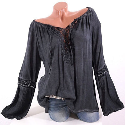 Blusa Asimétrica de Algodón y Lino con Encaje de Manga Larga - Image 7