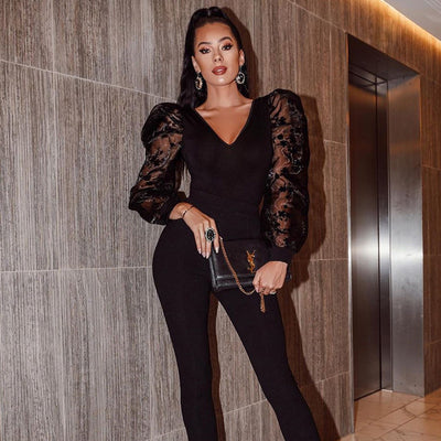 Jumpsuit Elegante de Malla Bordada Manga Larga Escote en V - Image 7