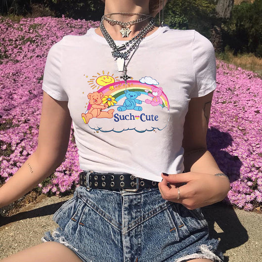 Playera Blanca Estampado Oso Arcoíris Kawaii para Niña - Image 5