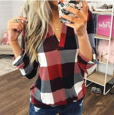 Camisa Casual de Cuadros con Escote en V y Mangas Largas - Image 43
