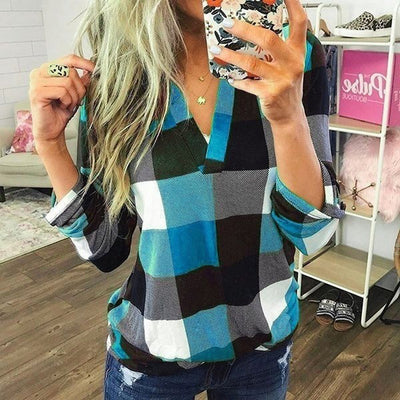 Camisa Casual de Cuadros con Escote en V y Mangas Largas - Image 46