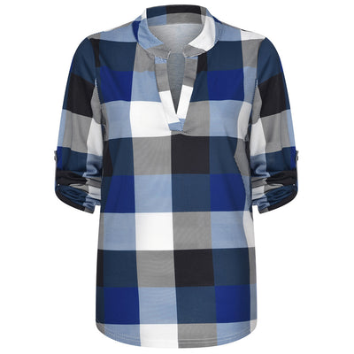 Camisa Casual de Cuadros con Escote en V y Mangas Largas - Image 59