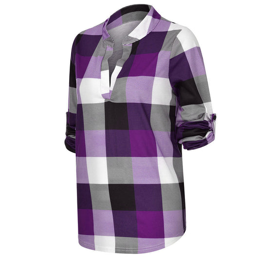 Camisa Casual de Cuadros con Escote en V y Mangas Largas - Image 66