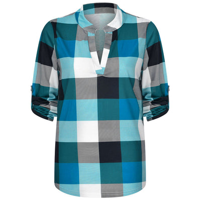 Camisa Casual de Cuadros con Escote en V y Mangas Largas - Image 72