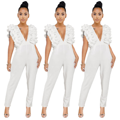Jumpsuit Escote en V Profundo de Color Sólido - Image 7