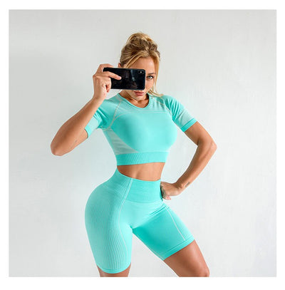 Conjunto de yoga sin costuras de manga corta - Image 13