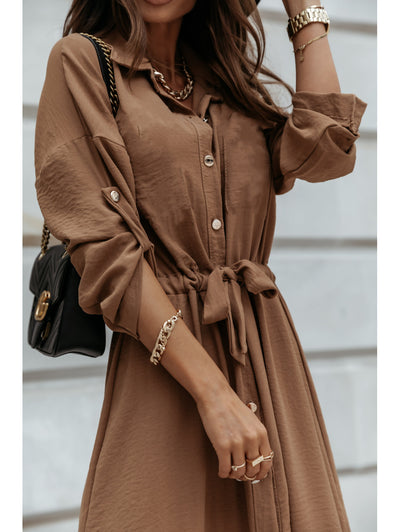 Vestido V-neck con Mangas Redondas y Cordones en la Cintura - Image 4