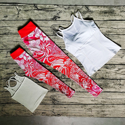 White parent-child yoga suit with tropical leaf print leggings and matching sleeveless tops. - Image 5