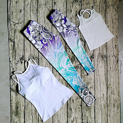 White parent-child yoga suit with tropical leaf print leggings and matching sleeveless tops. - Image 13
