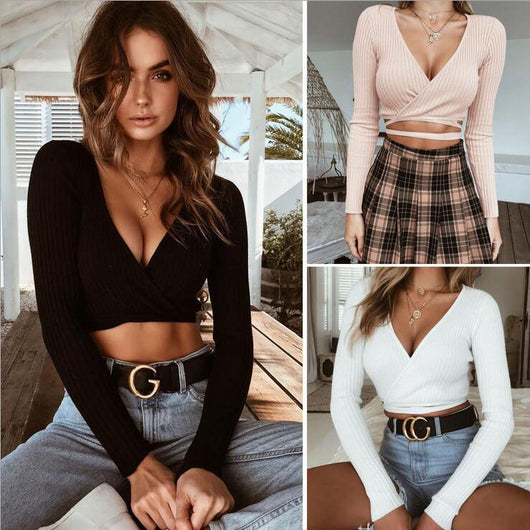 Blusa Crop Top Manga Larga Cuello V Ajustada para Mujer - Cómoda y Elegante - Image 5