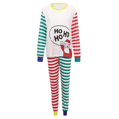 White, red, and green striped pajama set with a cartoon Santa Claus and "HO HO HO" text on the top. - Image 6
