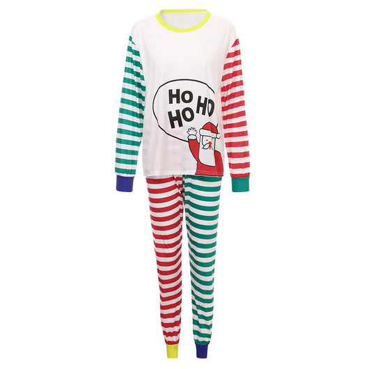White, red, and green striped pajama set with a cartoon Santa Claus and "HO HO HO" text on the top. - Image 6
