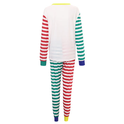 White, red, and green striped pajama set with a cartoon Santa Claus and "HO HO HO" text on the top. - Image 7