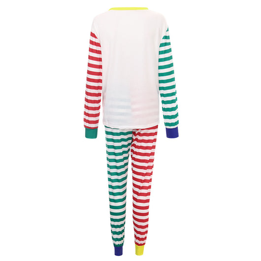White, red, and green striped pajama set with a cartoon Santa Claus and "HO HO HO" text on the top. - Image 7