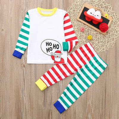 White, red, and green striped pajama set with a cartoon Santa Claus and "HO HO HO" text on the top. - Image 8