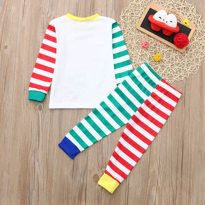 White, red, and green striped pajama set with a cartoon Santa Claus and "HO HO HO" text on the top. - Image 9