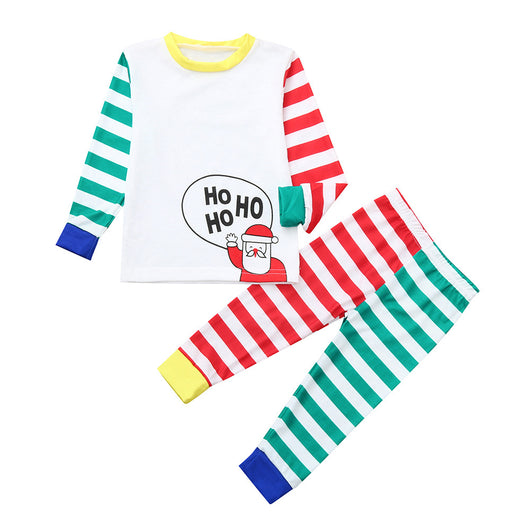 White, red, and green striped pajama set with a cartoon Santa Claus and "HO HO HO" text on the top. - Image 10