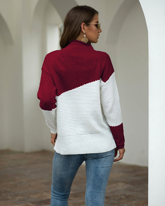 Suéter de Cuello Alto Contraste con Mangas Irregulares Acanaladas - Image 22