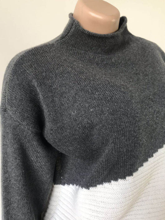 Suéter de Cuello Alto Contraste con Mangas Irregulares Acanaladas - Image 60