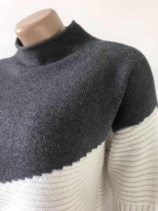 Suéter de Cuello Alto Contraste con Mangas Irregulares Acanaladas - Image 61