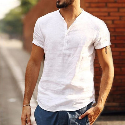 Camisa de Lino y Algodón con Cuello de Pie de Manga Corta - Image 12