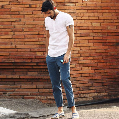 Camisa de Lino y Algodón con Cuello de Pie de Manga Corta - Image 13