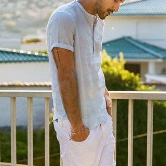 Camisa de Lino y Algodón con Cuello de Pie de Manga Corta - Image 15
