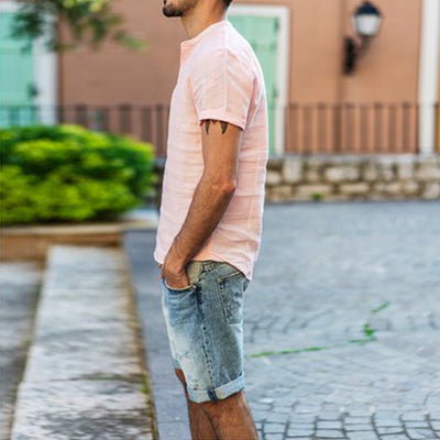 Camisa de Lino y Algodón con Cuello de Pie de Manga Corta - Image 19