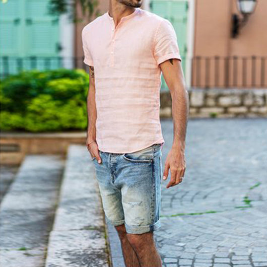Camisa de Lino y Algodón con Cuello de Pie de Manga Corta - Image 20