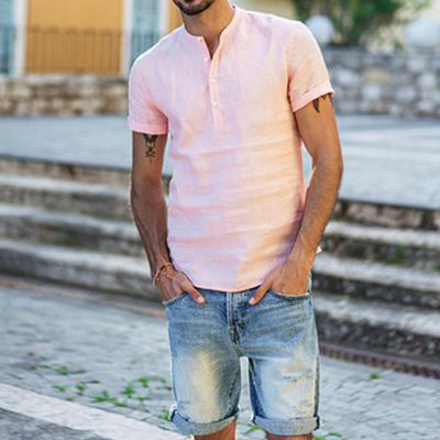 Camisa de Lino y Algodón con Cuello de Pie de Manga Corta - Image 21