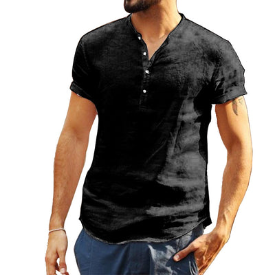 Camisa de Lino y Algodón con Cuello de Pie de Manga Corta - Image 23