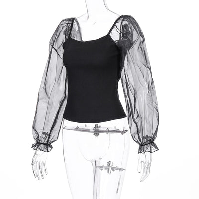 Blusa de Manga Larga con Malla Transparente y Costuras Visibles - Image 16