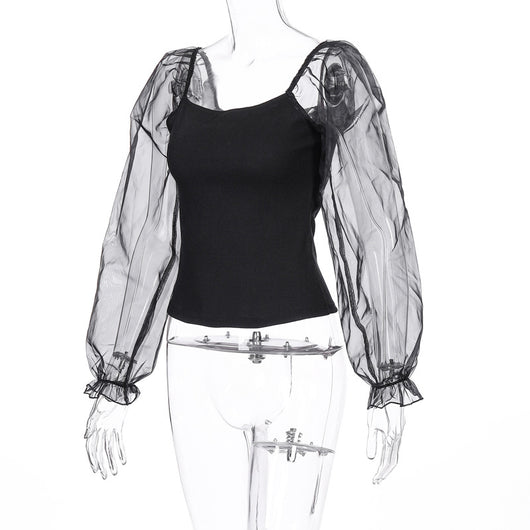 Blusa de Manga Larga con Malla Transparente y Costuras Visibles - Image 16