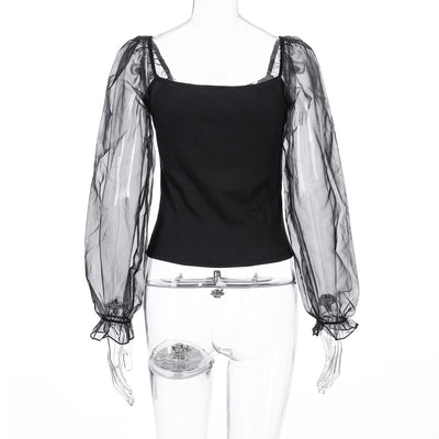 Blusa de Manga Larga con Malla Transparente y Costuras Visibles - Image 17