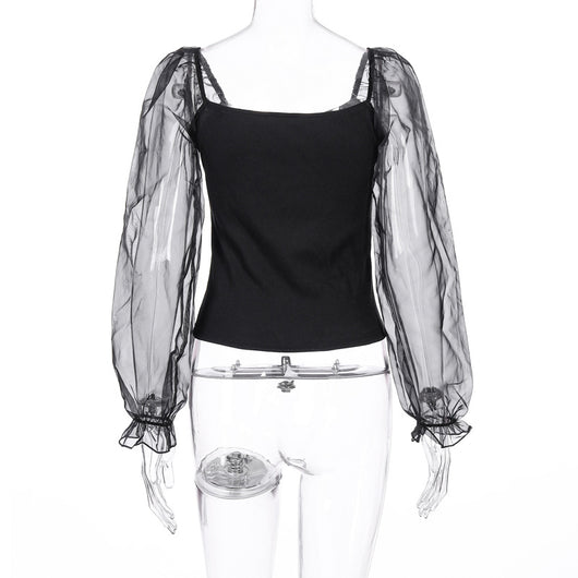 Blusa de Manga Larga con Malla Transparente y Costuras Visibles - Image 17