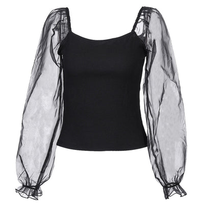 Blusa de Manga Larga con Malla Transparente y Costuras Visibles - Image 23