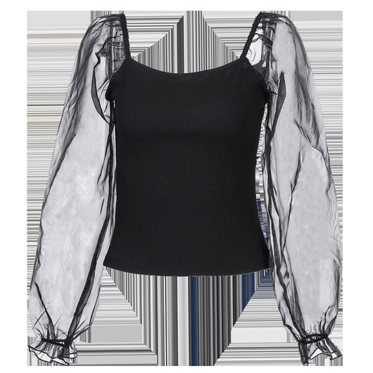 Blusa de Manga Larga con Malla Transparente y Costuras Visibles - Image 24