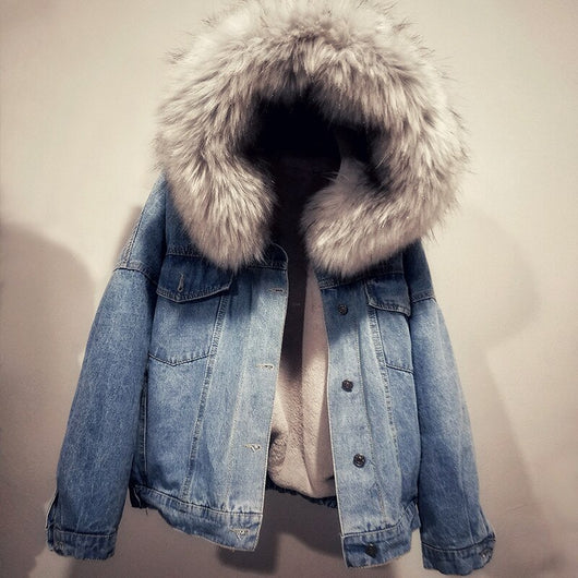 Chaqueta Bomber Denim Mujer Invierno - Abrigo Cálido con Capucha Talla Grande - Image 4
