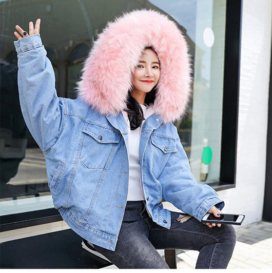Chaqueta Bomber Denim Mujer Invierno - Abrigo Cálido con Capucha Talla Grande - Image 10