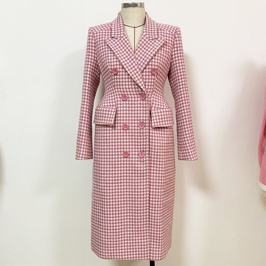 Abrigo Cuadros Rosa Lana Doble Abotonadura Estilo Retro - Image 11