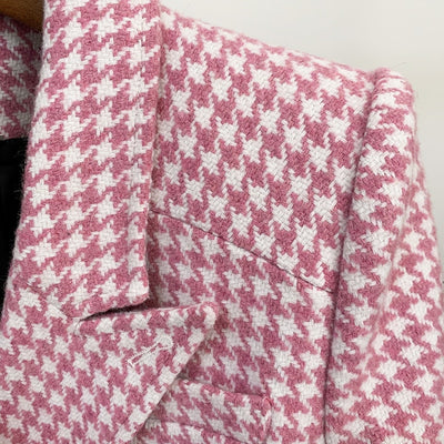 Abrigo Cuadros Rosa Lana Doble Abotonadura Estilo Retro - Image 15