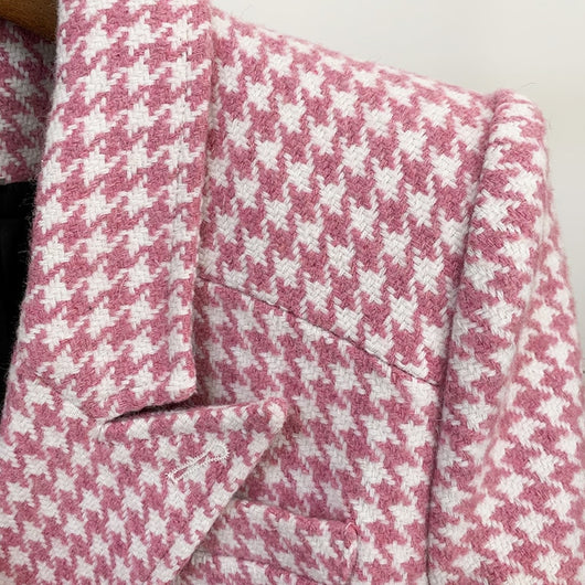 Abrigo Cuadros Rosa Lana Doble Abotonadura Estilo Retro - Image 15