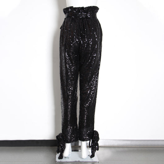 Pantalones de Cintura Alta con Lentejuelas y Efecto Bandage - Image 10