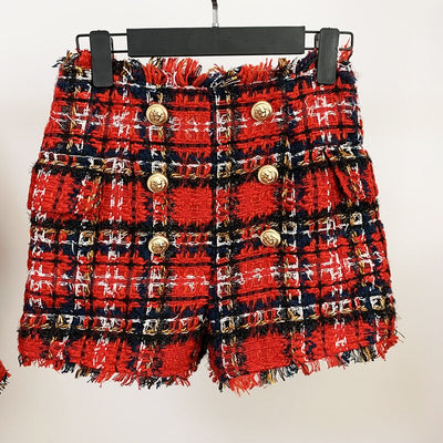 Shorts Tweed Cuadros Rojo y Negro con Botones - Image 5