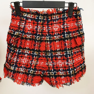 Shorts Tweed Cuadros Rojo y Negro con Botones - Image 6