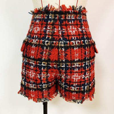 Shorts Tweed Cuadros Rojo y Negro con Botones - Image 14