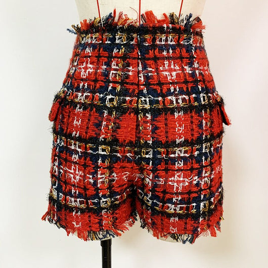 Shorts Tweed Cuadros Rojo y Negro con Botones - Image 14