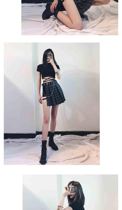 Falda Short Gótico Cuadros con Cadena y Detalles Hueco - Image 8